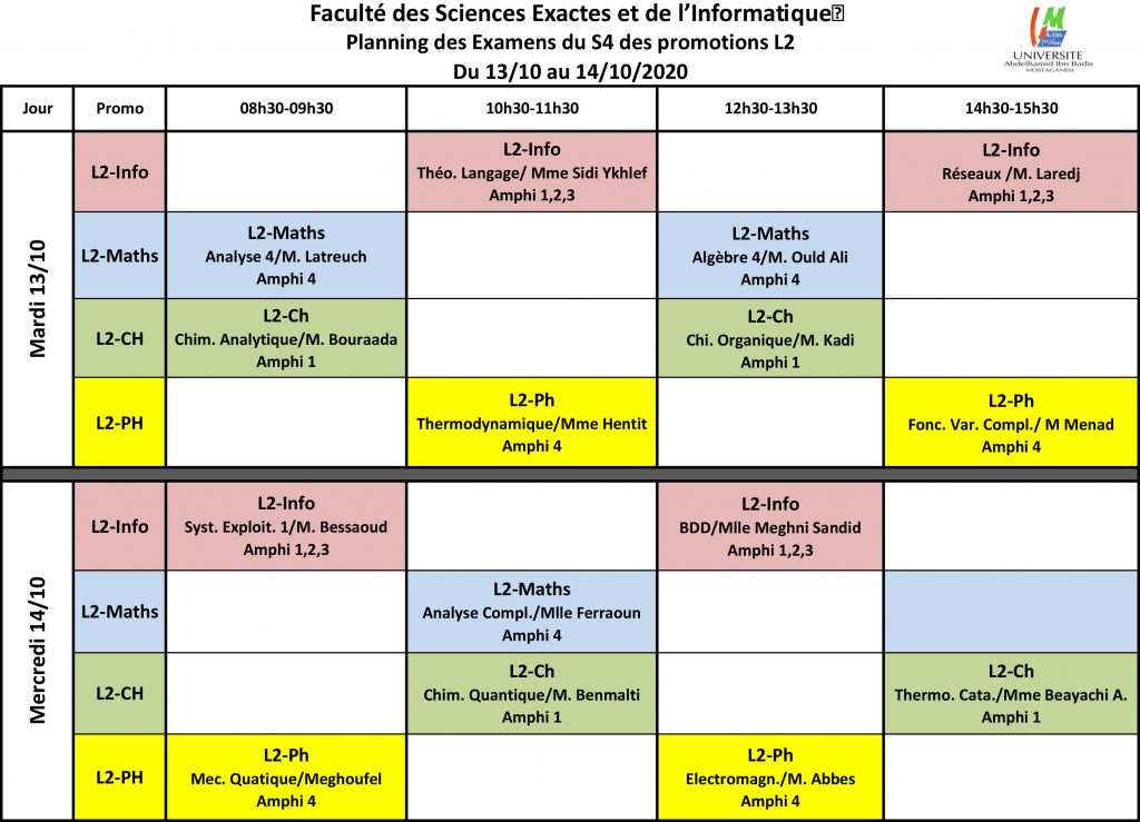 Planning des Examens du S4 des promotions L2 FSEI > Faculté des